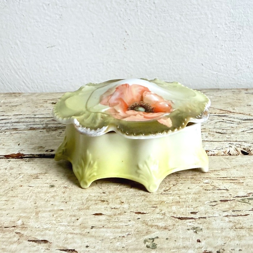 Antique German Porcelain Trinket Box Hand Painted Poppy Flower Footed Vanity Jar